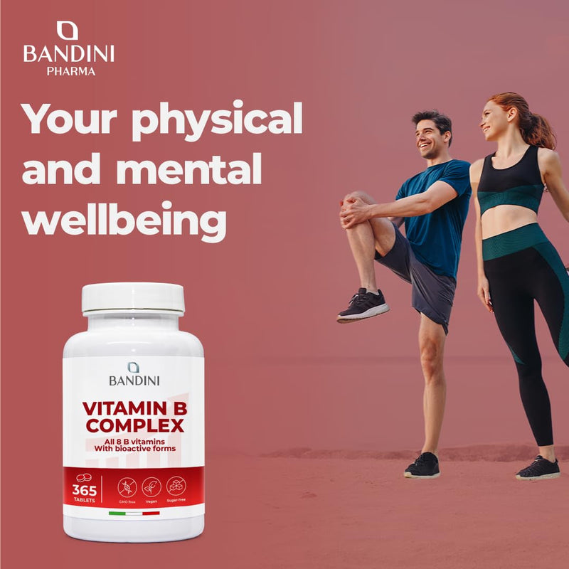 Bandini® Vitamin B Complex High Strength | 365 Vegan Tablets (1 Year Supply) | Blend of 8 B Vitamins with Folic Acid, Biotin, B1, B2, B3, B5, B6, B12 | Reduces Tiredness & Fatigue | Immune Support 365 count (Pack of 1)