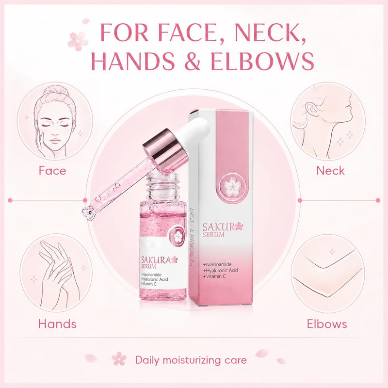 Sakura Face Serum 2 PCS, Hydrating Facial Serum with Niacinamide, Hyaluronic Acid and Vitamin C, Lightweight Moisturizing Serum for Face and Neck, Non-Greasy Daily Skin Care Drops, 2 x 17ml