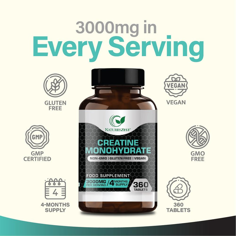 Nature's Zest Creatine Monohydrate Tablets 3000mg – 360 Tabs, Gym Energy Supplement for Men & Women, Non-GMO, Gluten Free, Vegan Tablets - Keto Unflavoured, for Performance & Muscle Power
