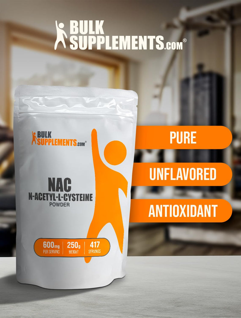 BulkSupplements.com NAC Powder - N-Acetyl Cysteine 600mg, NAC Supplement - Antioxidant Support, Gluten Free - 600mg per Serving, 417 Servings, 250g (8.8 oz) (Pack of 1) 417 Servings (Pack of 1)