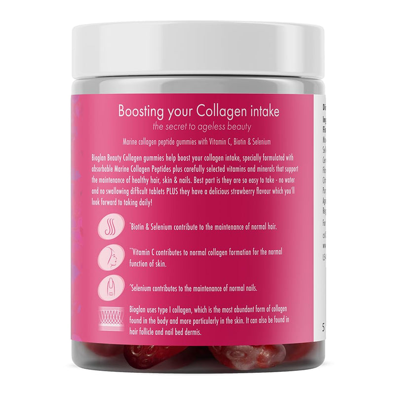 Bioglan Collagen Gummies | 1000mg | Hydrolysed Marine Collagen | Biotin | Selenium & Vitamin C | Strawberry Flavoured | 60 Gummies Single
