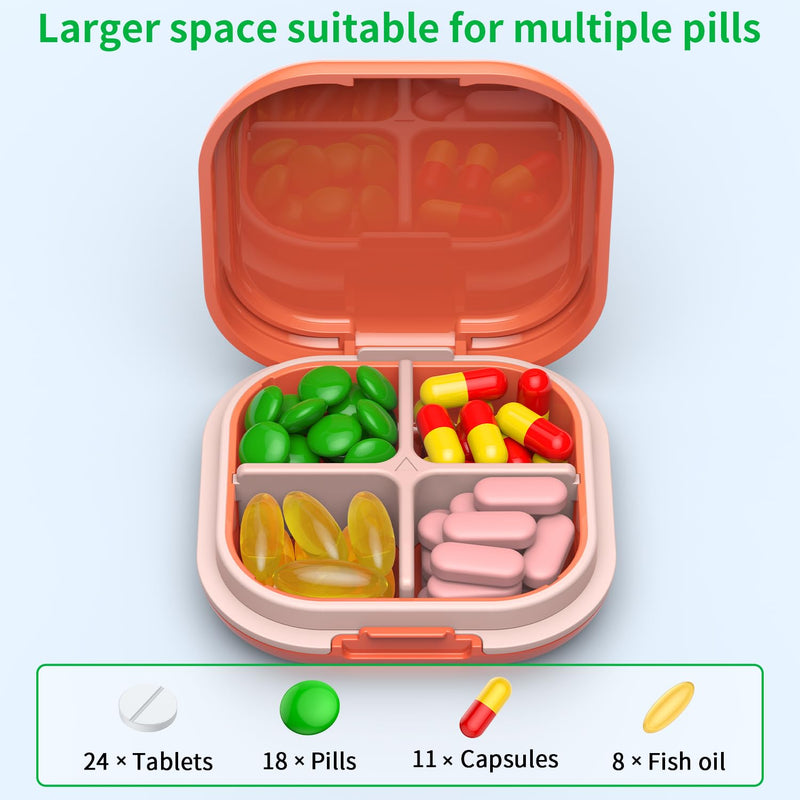 Daily Pill Organizer 4 Compartments, Small Pill Box Portable Travel Pill Case, Mini Pill Container for Purse Pocket, Compact Travel Medicine Organizer for Vitamin, Cod Liver Oil, Supplement (Pink) Pink