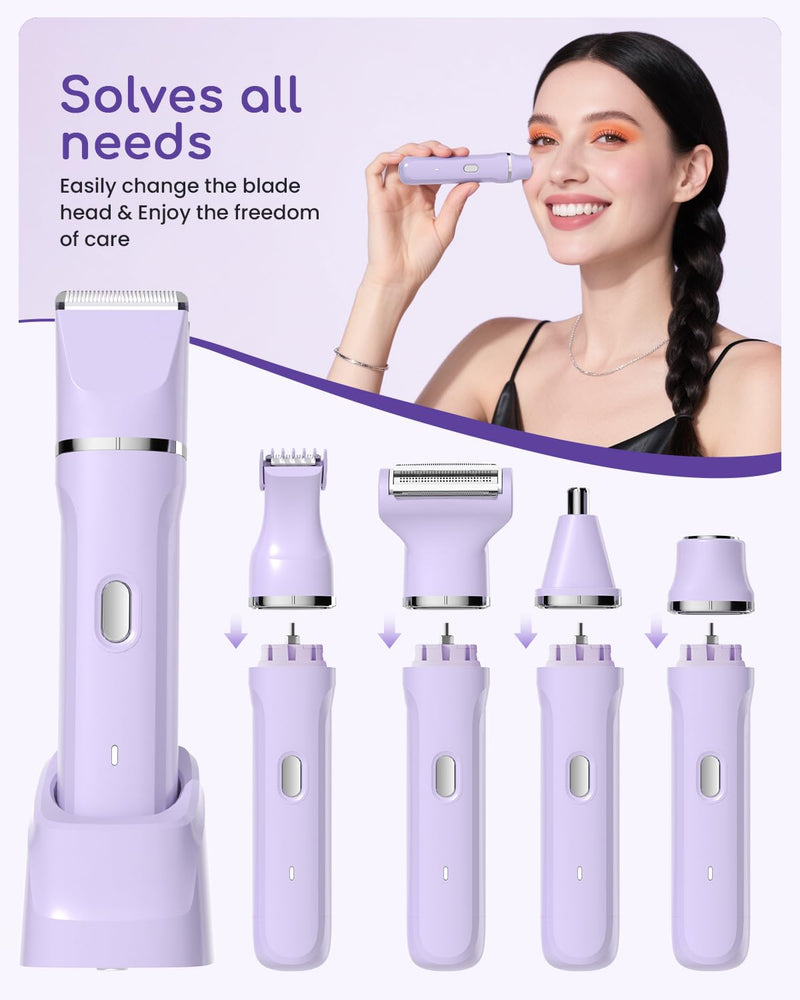 Bikini Trimmer for Women - 5 in 1 Electric Razors for Ladys Pubic Facial Nose Body Leg Hair Removal, Waterproof Electric Shaver for Women Private Area Sensitive Skin, Personal Hair Trimmer Purple