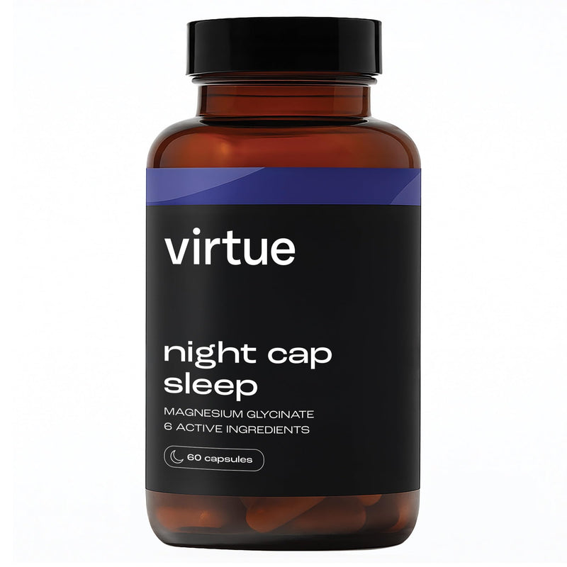 Virtue Night Cap Sleep | Magnesium Glycinate & L-Theanine Sleep Support | 6 Calming Ingredients Sleep Supplement | Natural Sleep Aid | 60 Vegan Capsules