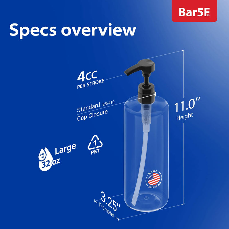 Bar5F Empty Shampoo Bottles with Pumps 32oz/1Liter/Large Pack of 6 | BPA-Free, PETE1 Plastic, Crystal-Clear