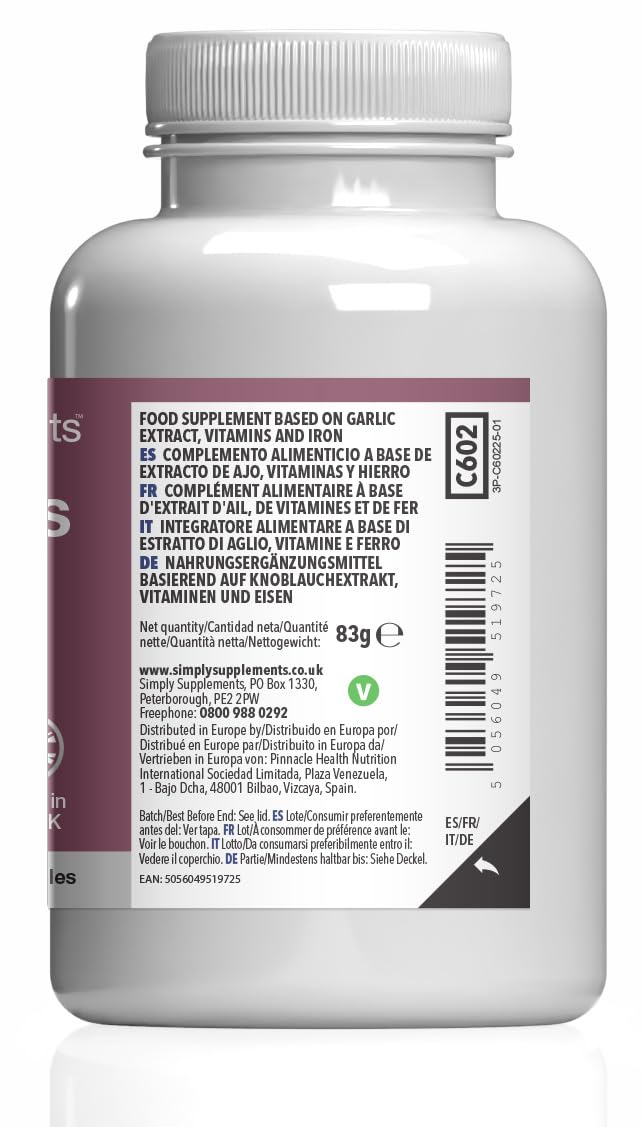 High Strength Odourless Garlic Capsules with Added Vitamin C, Thiamine and Iron | 360 Vegan & Vegetarian Capsules | Heart Health & Circulation Support | Fast Release & Absorption | UK Made Unflavoured 180 count (Pack of 2)