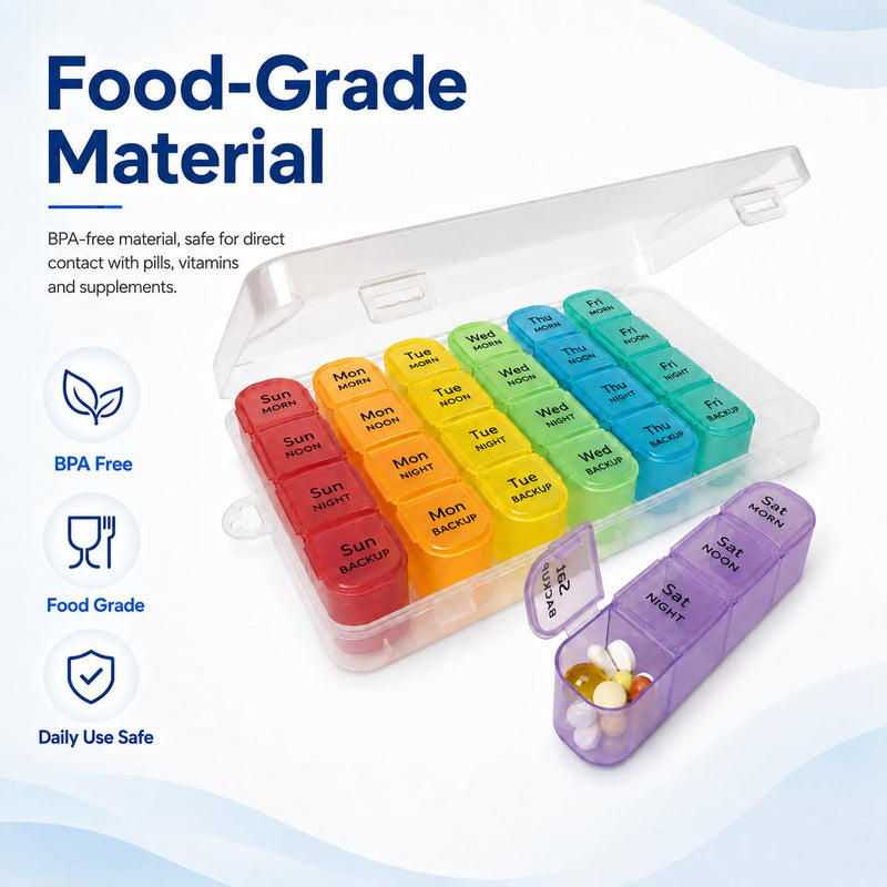 Weekly Pill Organizer 4 Times a Day with Pill Cutter, BPA-Free 7 Day Pill Box and Tablet Cutter Set, Large 28-Compartment Medicine Organizer for Vitamins, Supplements, Fish Oil and Travel Multicolor 1 PACK