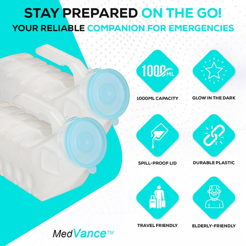 [Australia] - MedVance- Urinals for Men 1000ml with Glow in The Dark Spill Proof Pop Cap Lid, Plastic Pee Bottles for Men, Male Urinals, Pee Container Men, Portable Urinal for Car, Elderly & Incontinence (2 Pack) 