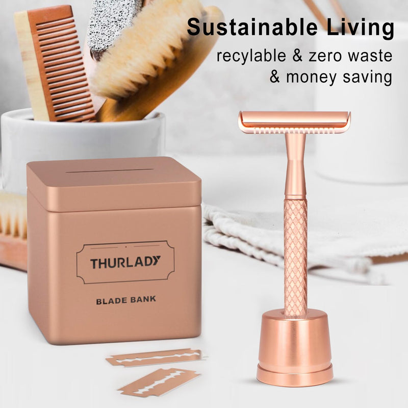 Rose Gold Safety Razor with Stand - Single Blade Razors for Women - Reusable Metal Razor, with 10 Double Edge Blades, Smooth & Close Shave Rose Gold Razor with Stand