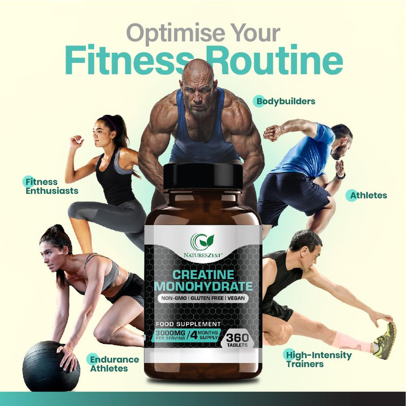 Nature's Zest Creatine Monohydrate Tablets 3000mg – 360 Tabs, Gym Energy Supplement for Men & Women, Non-GMO, Gluten Free, Vegan Tablets - Keto Unflavoured, for Performance & Muscle Power