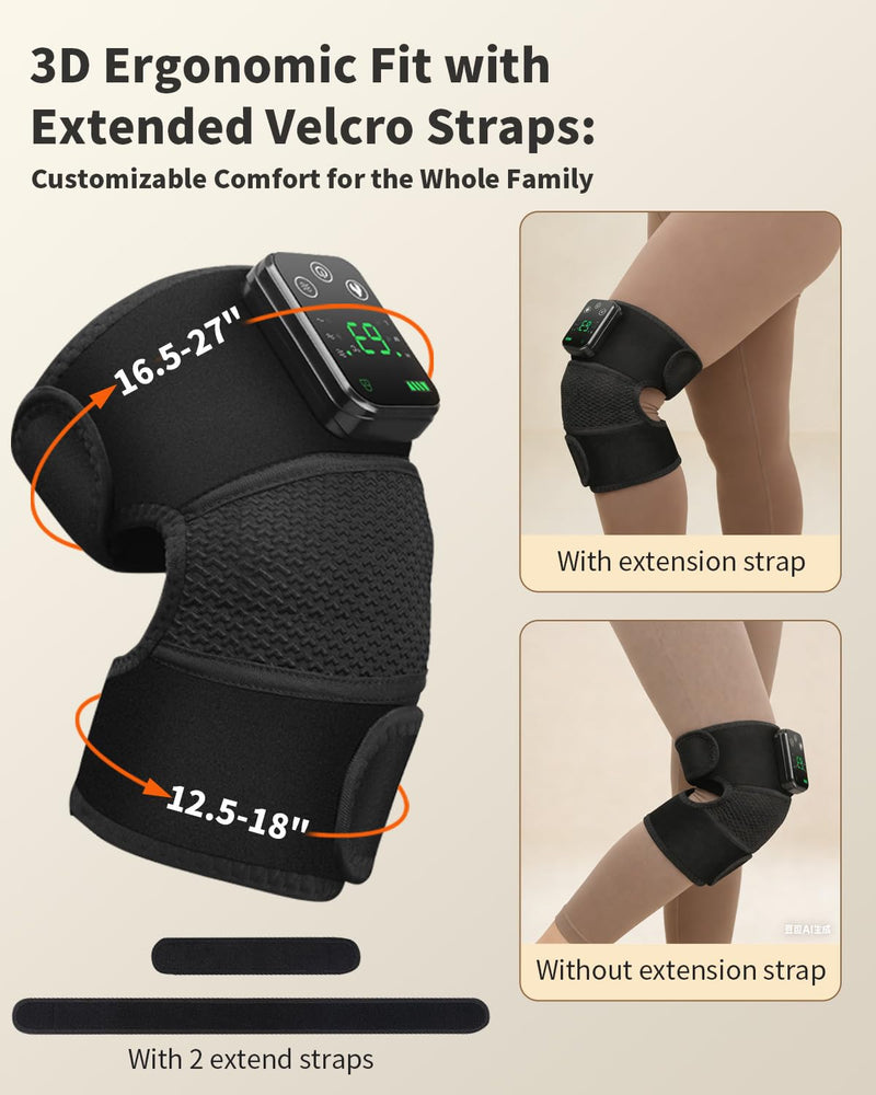Cordless Knee Massager with Heat and Vibration for Pain Relief - Electric Heated Knee Brace Wrap with 3 Heat Levels & 3 Massage Modes, Portable Arthritis Joint Therapy for Men & Women (Black, Single) 1PC