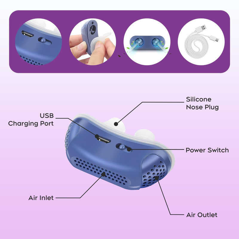 Anti Snoring Devices, Effective Snoring Prevention, Twin Turbine Electric Adjustable and Breathable, Adjustable Wind Speed, Snoring Solution for Men and Women, Suitable for All Nose Shapes. Blue - 013