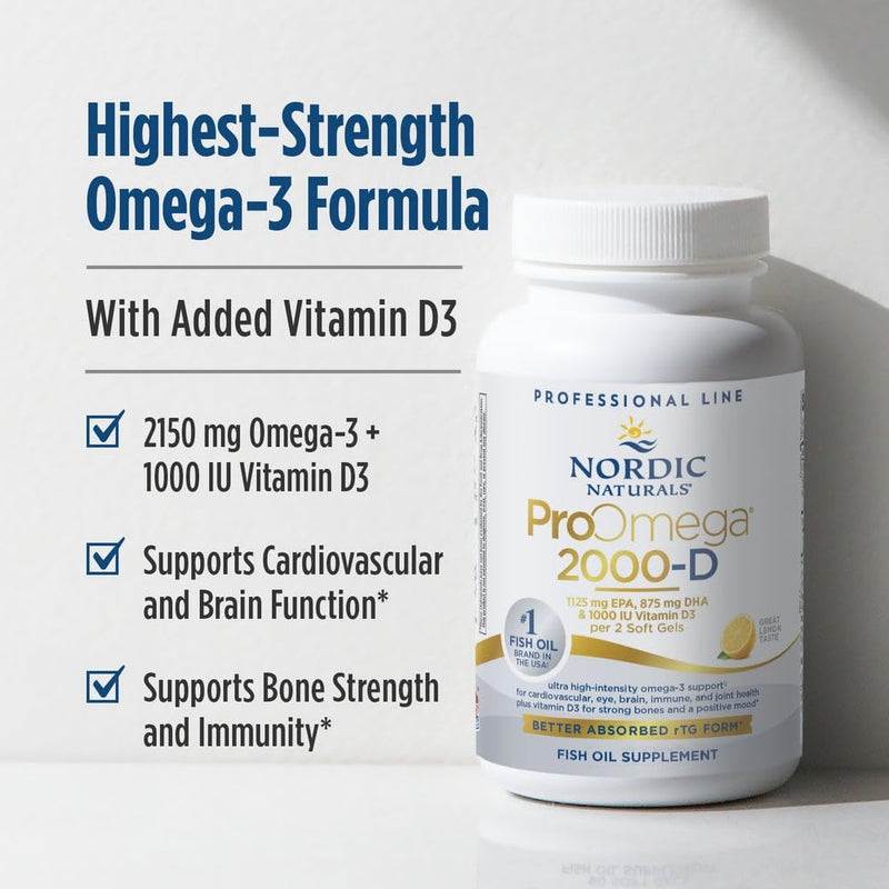 Nordic Naturals ProOmega 2000-D, 2150mg + 1000 IU D3, Lemon - 90 Count | Ultra high-potency EPA & DHA plus vitamin D3 for brain, heart & immune health. 2150 mg omega-3 + 1000 IU D3. Non-GMO 90 Count (Pack of 1)