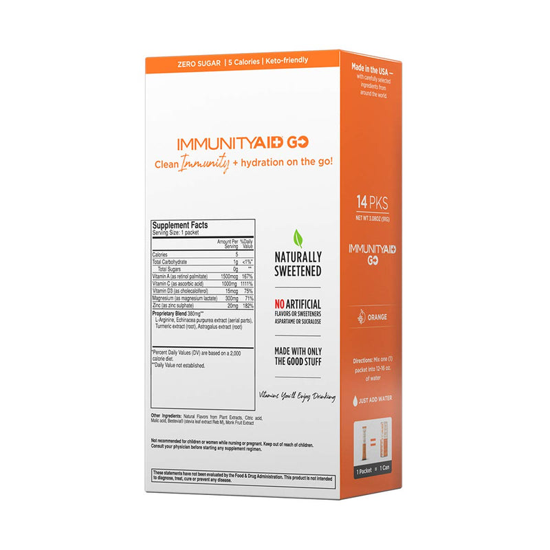 LIFEAID IMMUNITYAID GO Zero Sugar Hydration Packets (14 Packets) | Zero sugar immunity & hydration stick packs with Vitamin C, Zinc, Echinacea, & Astragalus Root. 5 calories, keto, & vegan. Immunity (Orange Burst) 14 Servings
