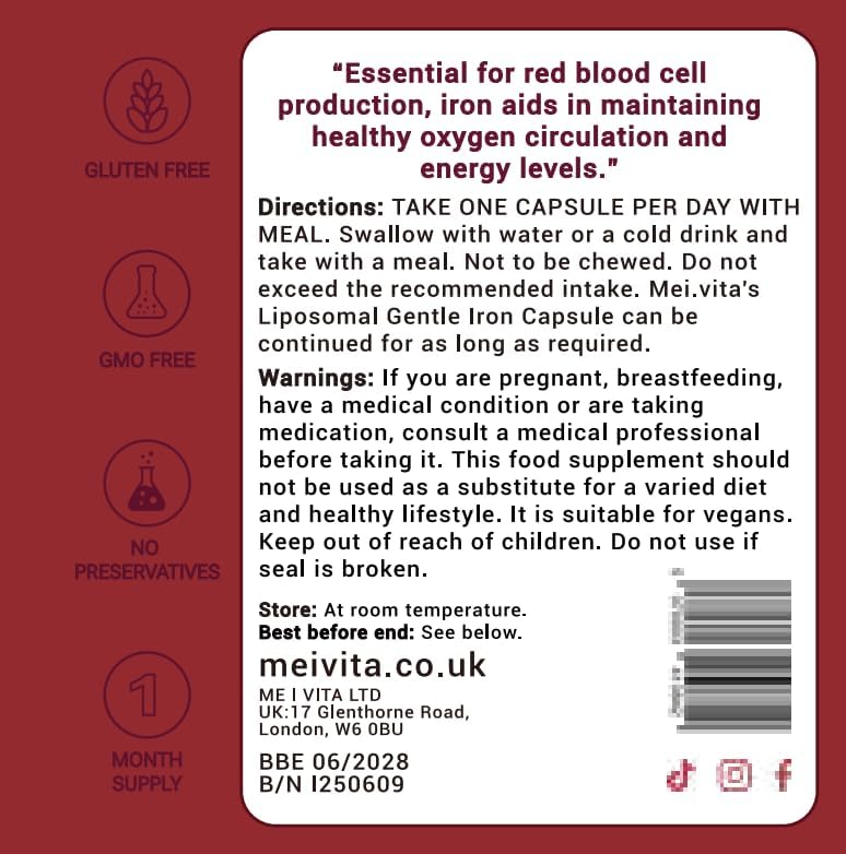 Gentle Liposomal Iron for Women - 17mg - Iron Supplement with Zinc, Folic Acid, B6, B12 & Copper, Fatigue Supplements with High Bioavailability - Vegan Guten Free(30 Capsules, 1 Month Supply)