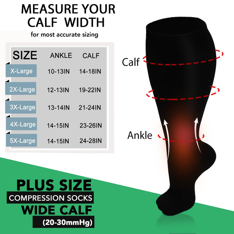 3 Pairs Plus Size Compression Socks for Women and Men Wide Calf 20-30mmhg Extra Large Knee High Support for Circulation 01-3 Black XX-Large