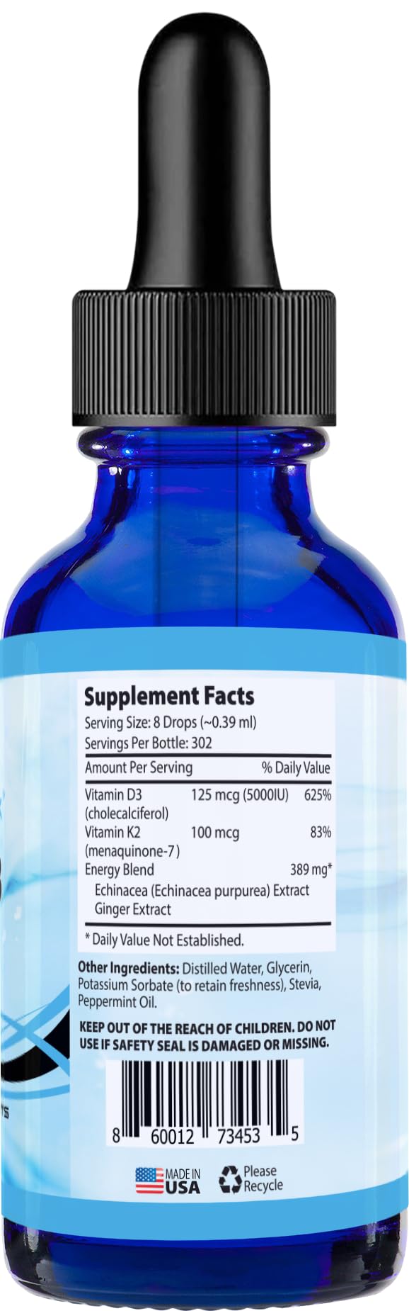 Vitamin D3 K2 Liquid Supplement, 390mg, 4 Oz Liquid | 302 Servings, Made in USA, Quick Absorption, Non-GMO, GMP Certified Vitamin D3 with Vitamin K2