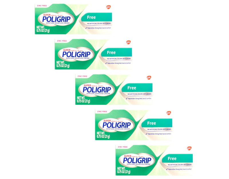 [Australia] - (5 Pack) Super Poligrip Denture Adhesive Cream - Strong, All-Day Hold - Zinc Free - No Artificial Flavors or Colors - 0.75 oz. ea. 