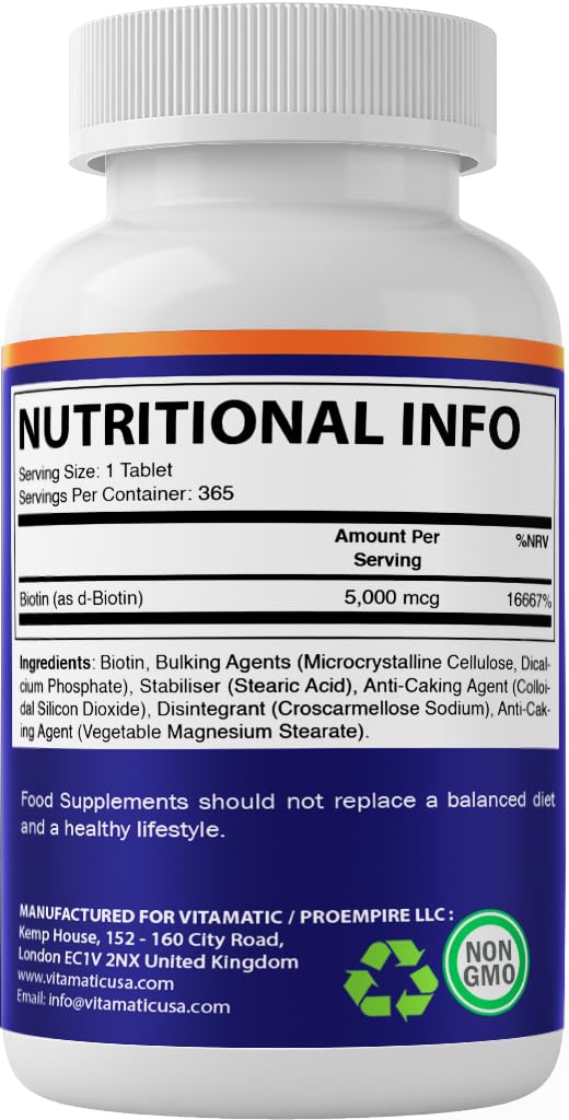 Vitamatic Biotin 5000mcg (5 mg) for Stronger Hair, Skin & Nails - 365 Vegan Tablets- Also Called Vitamin B7