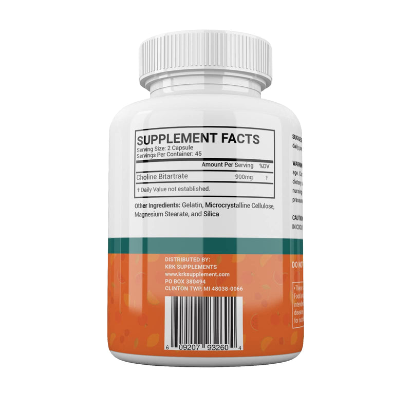 [Australia] - 2 Bottles Choline Bitartrate 900mg Per Serving 180 Total Capsules KRK Supplements 90 Count (Pack of 2) 