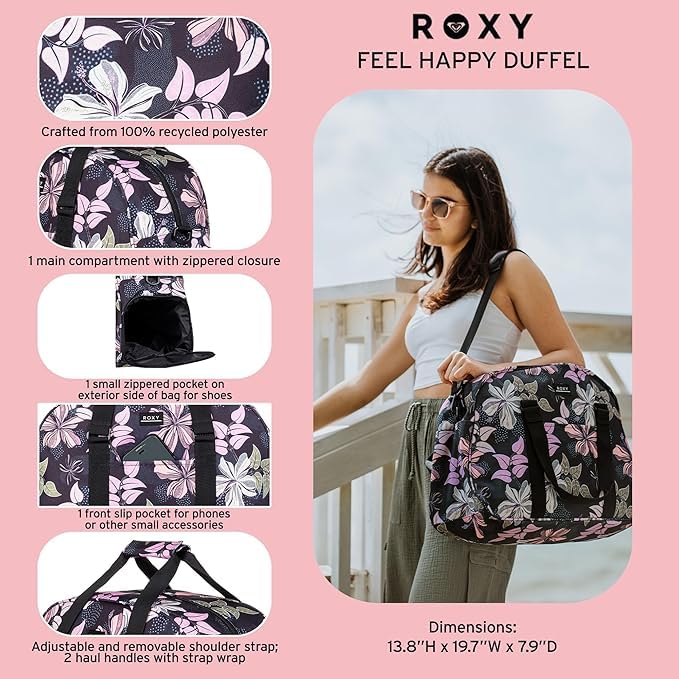 Roxy Duffel Bag | Travel | Work | Gym | Fitness | Beach | Everyday Carry | Recycled Materials Feel Happy - Anthracite Wind Swept Floral