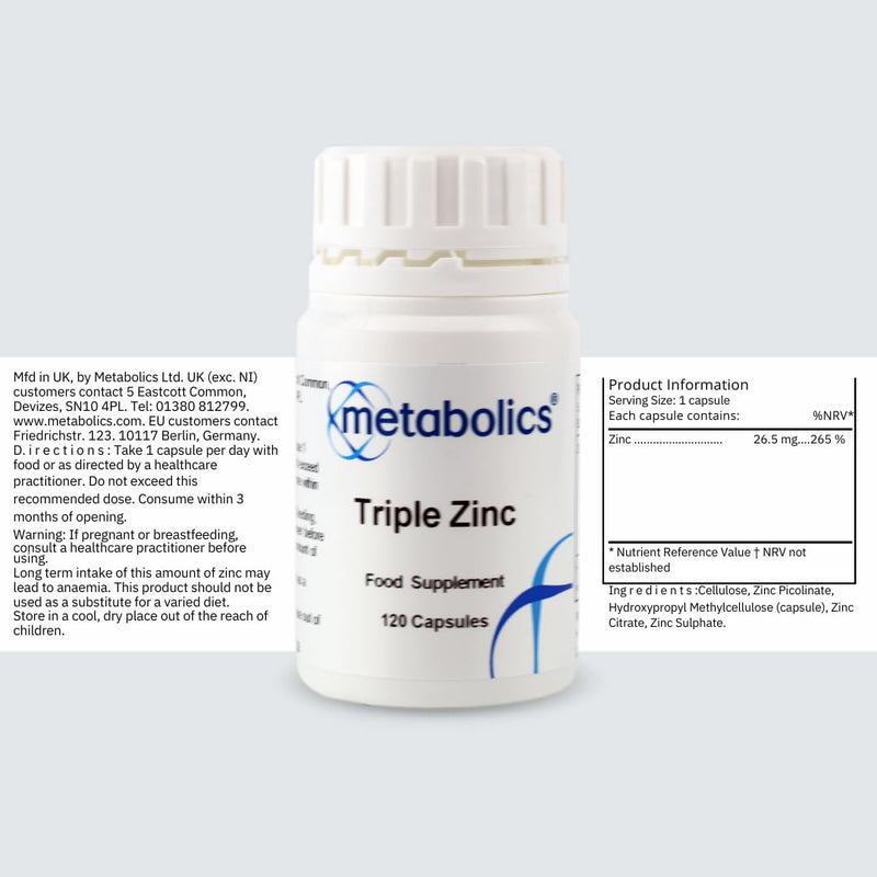 Triple Zinc Complex by Metabolics | Supporting A Healthy Immune System | Zinc Supplement Containing Zinc Picolinate, Zinc Citrate & Zinc Sulfate | 26.5mg Per Capsule — Additive Free
