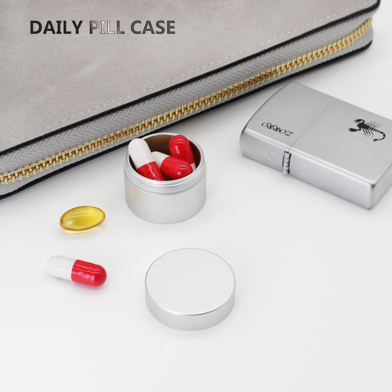 Portable Daily Pill Case, Heavy Duty Aluminium Alloy Round Pill Box, Waterproof Travel Pill Organizer, Pocket Purse Medicine Vitamin Holder EDC Container for Outdoor Camping Working Silvery Small