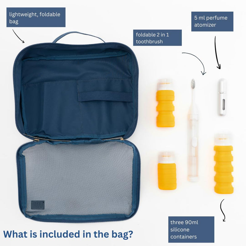 Decent Travels Toiletry Kit – Compact Travel Bag with Refillable Bottles (90ml), Perfume Atomizer & Foldable Toothbrush for Carry-On Essentials