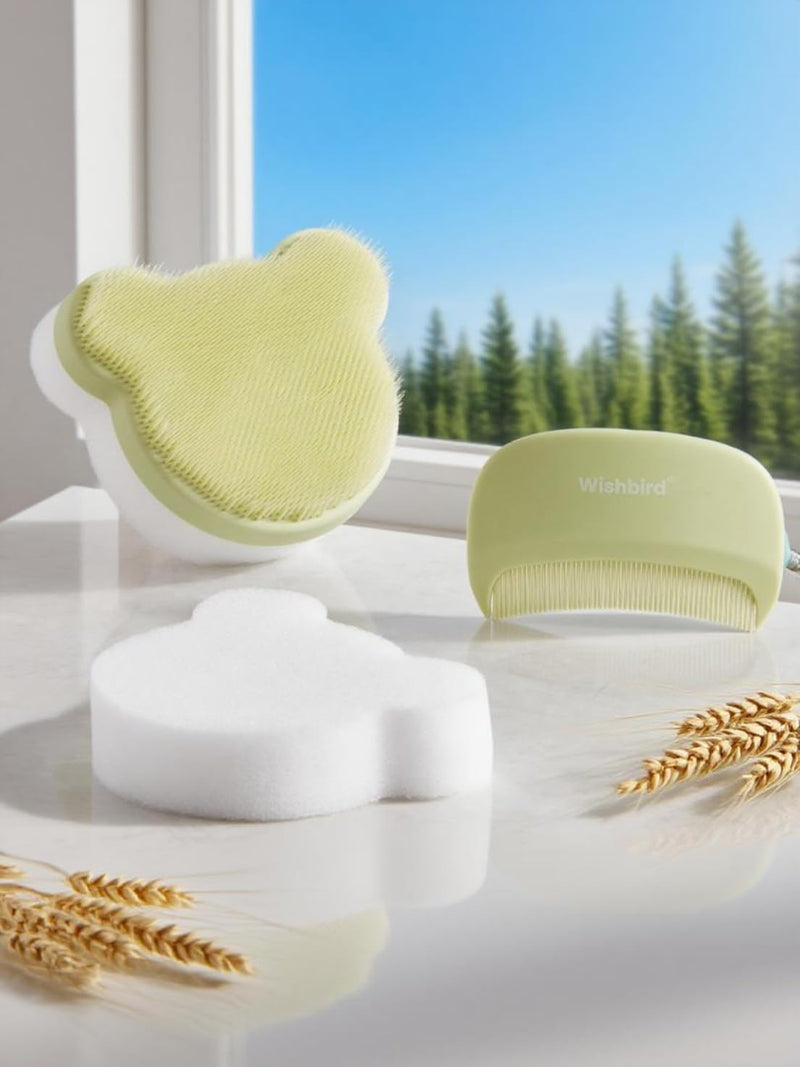 [Australia] - Cloud Baby Cradle Cap Brush Kit, 3-in-1 Cradle Cap Treatment Set with Soft Brush, Curved Comb & Sponge, BPA-Free, Easy to Use | Baby Bath Essentials - Extra Sponge, Serene Green 