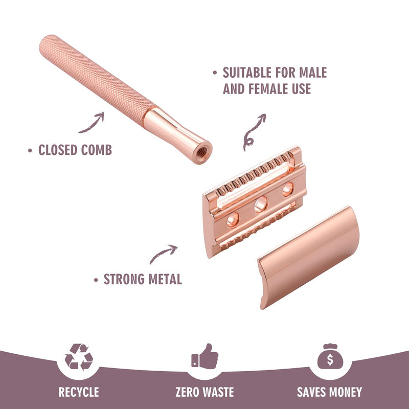 KINGHOOD Safety Razors for Sensitive Skin,Single Blade Razor with 10 Double Edge Blades,Reusable Metal Razor for a Smooth and Clean Shave(Rose Gold) Rose gold b