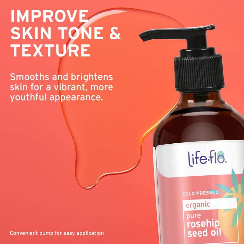 LIFE-FLO Pure Organic Rosehip Seed Oil, Hydrating Face Oil, Dry Skin Care, Cold Pressed from Organic Rose Hips, Rich in Fatty Acids and Vitamin A (Retinol), Hypoallergenic, 60-Day Guarantee, 4oz Unscented 4 Fl Oz (Pack of 1)