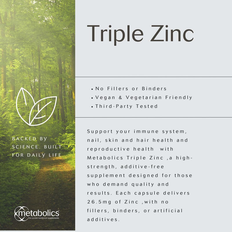 Triple Zinc Complex by Metabolics | Supporting A Healthy Immune System | Zinc Supplement Containing Zinc Picolinate, Zinc Citrate & Zinc Sulfate | 26.5mg Per Capsule — Additive Free