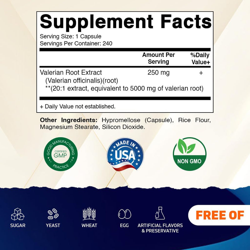 [Australia] - Vitamatic Valerian Root 5000mg Equivalent Per Serving (from 20:1 Extract 250 mg) - 240 Capsules - 20X Concentrated Extract 240 Count (Pack of 1) 
