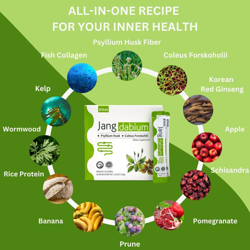 Jangdabium Psyllium Husk Fiber Granules with Coleus Forskohlii & 10 Botanicals - Natural Supplement for Digestive Health, Detox & Weight Management - Expands 40x for Fullness - 30 Packets