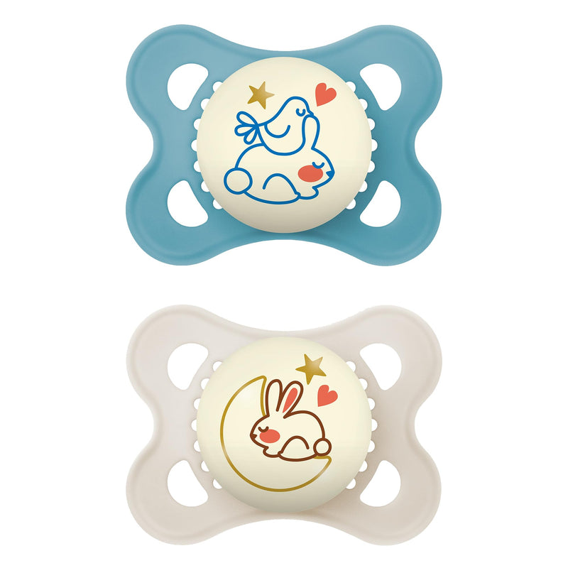 MAM Night Pacifiers 0-6 Months, Best for Breastfed Babies, Glow in the Dark, Baby Boy, 2 Count 2 Count (Pack of 1)