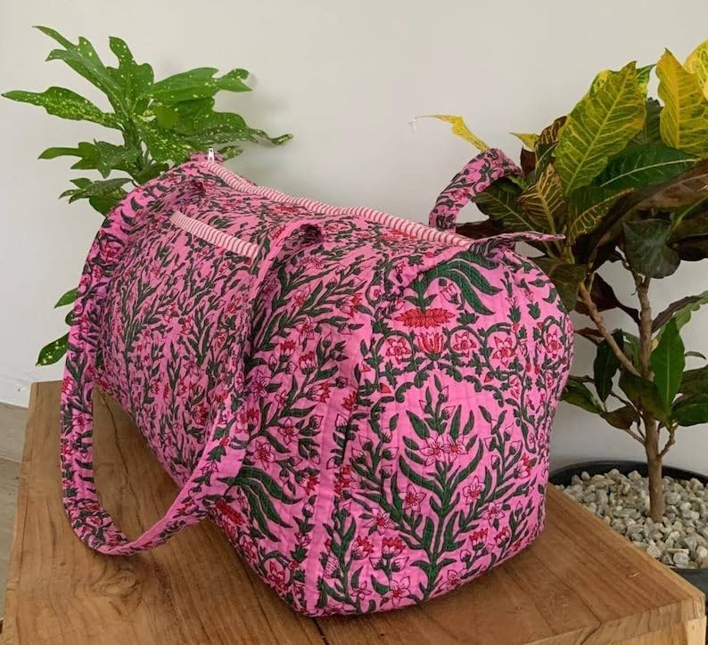 Yille Handmade Cotton Block Print Duffle Travel Bag Gym Yoga Bag,Quilted Bag Everyday use Gift for Someone Special Occasionally (Pink Temple) Pink Temple