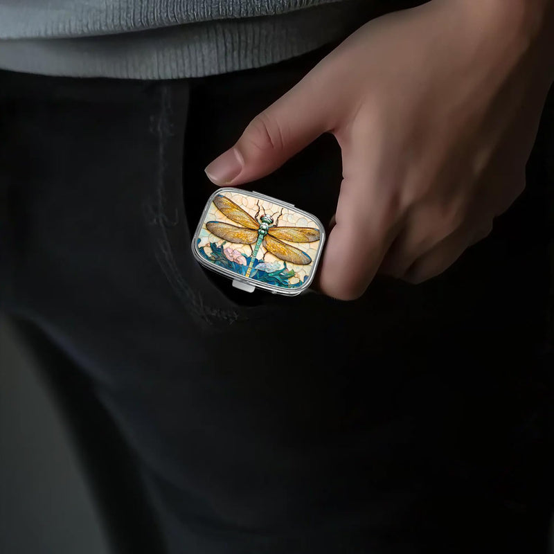 Pill Box-2 Compartment Small Pill Case Portable for Pocket & Purse Single Pill Carrier Pill Container to Hold Vitamins Medication Fish Oil and Supplements BPA-Free(Dragonfly) Dragonfly