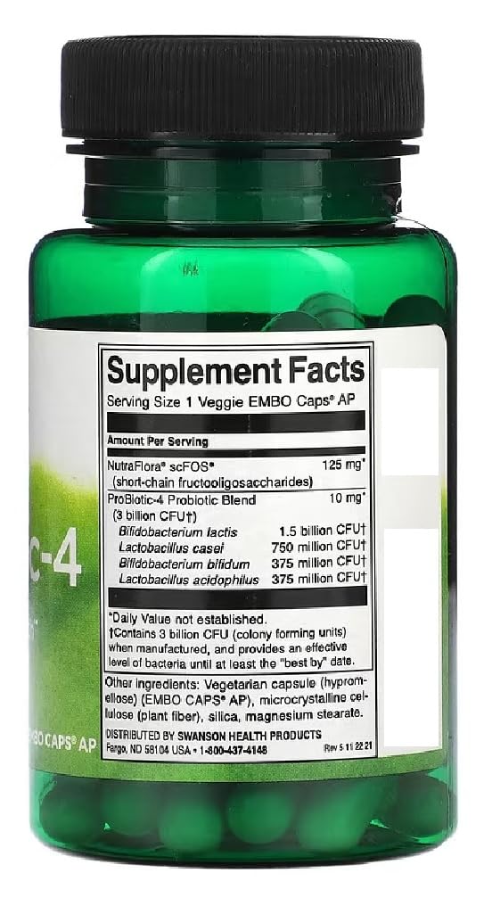 Swanson - Probiotic-4 | 4-Strain Digestive & Immune Balance with 3 Billion CFU | Vegetarian Capsules - 60 Count
