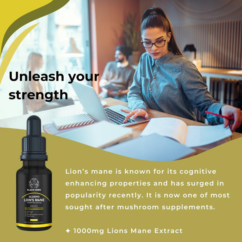 Lions Mane Supplement Liquid 60000mg - 60 Vegan Servings High Strength Lions Mane Mushroom Fruiting Body Extract - 2 Months Supply - Nootropic - Made in The UK by BLACK HAWK
