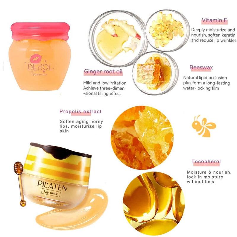 Lip Plumper Lip Mask Set, Bee Balm Lip Balm Honey Pot, Lip Plumper Gloss Lip Injection Honey Moisturizing Lip Sleeping Mask, Hydrating & Prevention Dry and Cracked Lip Scrubs Exfoliator