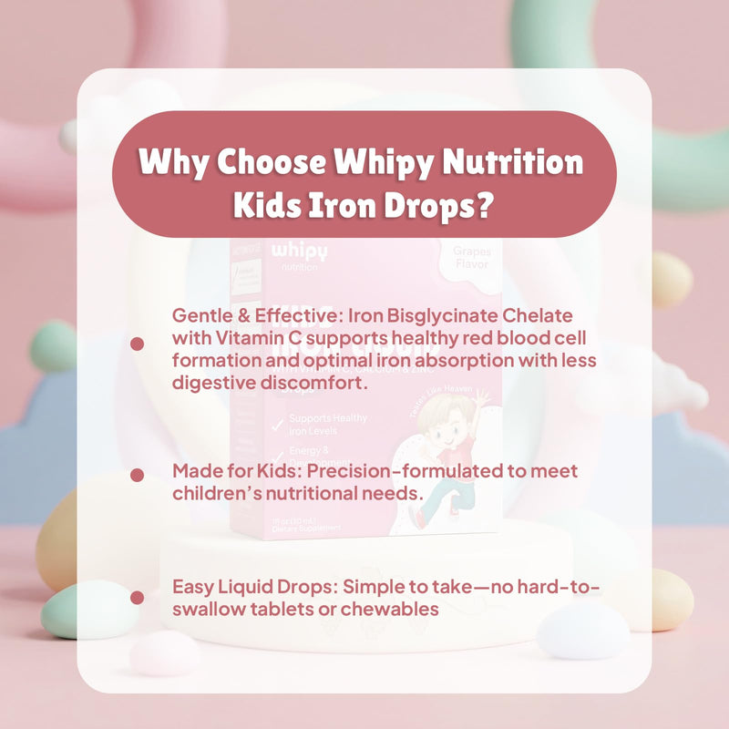 Kids Iron Supplement Liquid Drops for Children Ages 2 to 12, Iron Bisglycinate with Vitamin C, Calcium and Zinc, Liquid Iron for Kids Gentle on Stomach, Grape Flavor, 1fl oz