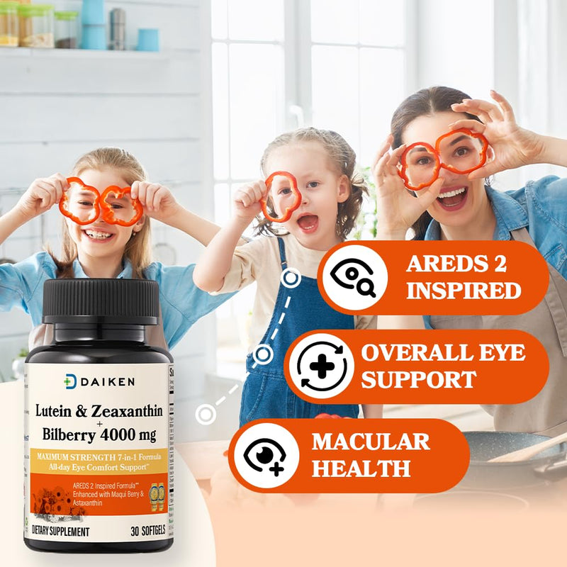 DAIKEN Lutein & Zeaxanthin AREDS 2 Inspired Eye Health, 30 Softgels | 7-in-1 Complex with Astaxanthin, Maqui Berry, Bilberry & Flaxseed Oil - Macular & Blue Light Support - Non-GMO, Lab Tested NEW 30 Count (Pack of 1)