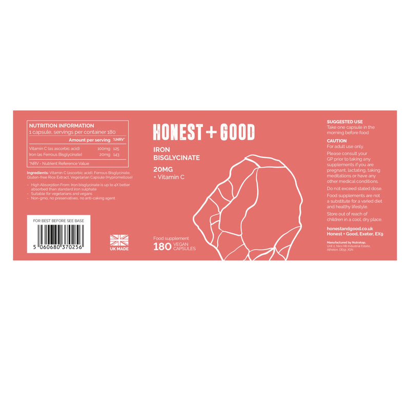 Honest + Good Iron Bisglycinate 20mg + Vitamin C 100mg | 180 (6 Months) Vegan Capsules | Chelated for High Absorption | Pure, Natural & Gentle Supplement | Energy, Immune, Skin & Joint Support