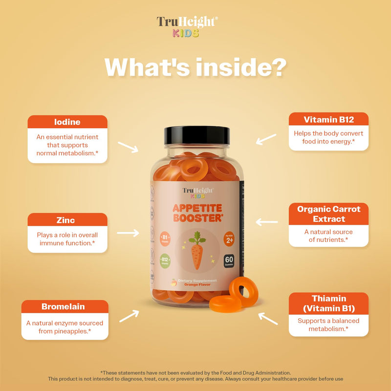TruHeight Kids Appetite Booster Gummies (Orange, Ages 2+) All Natural Toddler & Kids Appetite Stimulant to Eat More - Weight Gain Supplements - Vitamins for Underweight Children - Picky Eater Vitamin 60 Count (Pack of 1)
