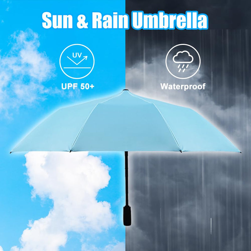 WOOLALA UV Sun & Rain Umbrella with Built-in Cooling Fan UPF 50+ | Portable Foldable Design, USB Rechargeable for Sports Games, Theme Parks on Hot Days Black
