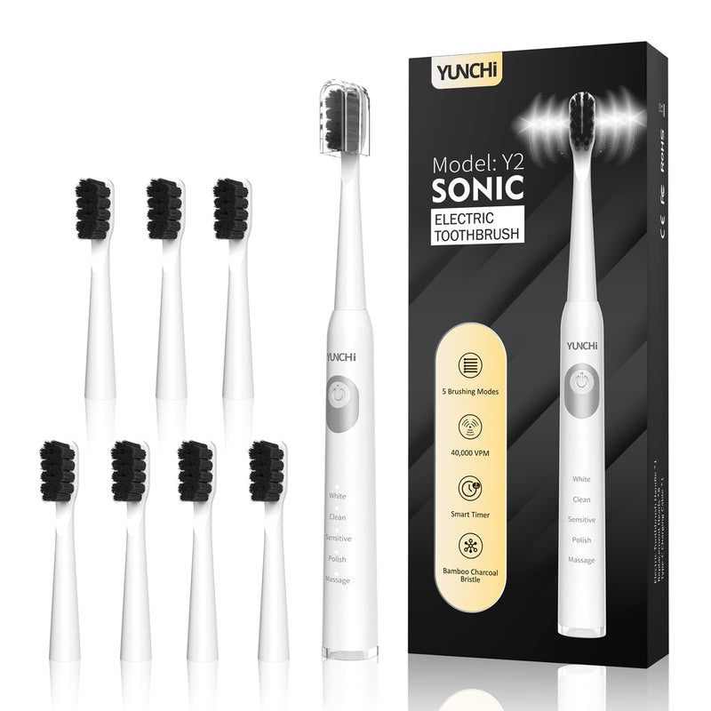 YUNCHI Sonic Electric Toothbrush for Adults & Kids with 8 Charcoal Brush Heads, Y2 Rechargeable Electric Toothbrushes, Deep Clean & Fresh Breath, 5 Modes, Fast Charge, 2 Mins Timer Tooth Brush,White