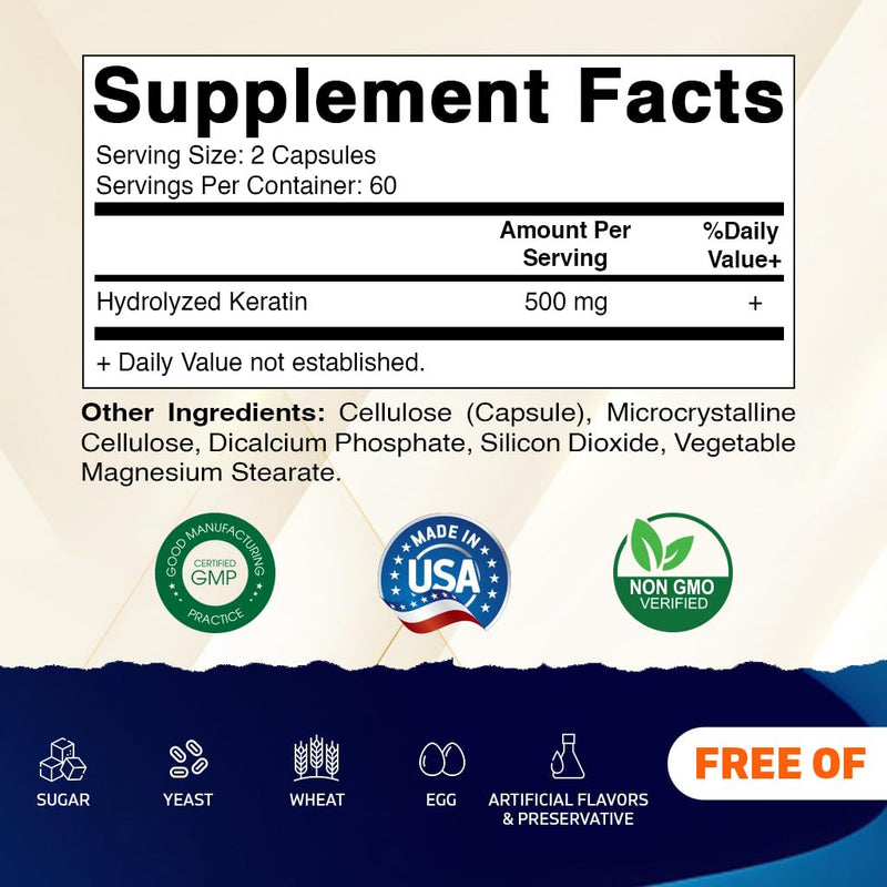 Vitamatic Hydrolyzed Keratin 500mg per Serving - 120 Vegetarian Capsules - Keratin Supplements for Healthy Hair Skin & Nails for Adults (Pack of 2) 120 Count (Pack of 2)
