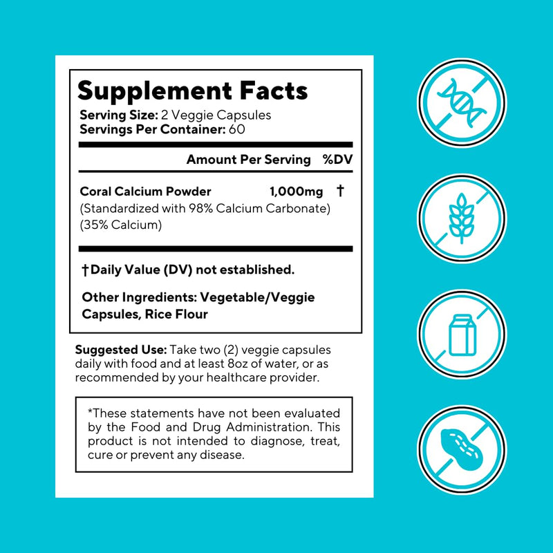Vitapia Coral Calcium Powder 1000mg Capsules for Overall Health, Bone Health, PH Level Balance, Trace Minerals Support - 120 Veggie Capsules - Non-GMO & Gluten-Free Supplement 120 Count (Pack of 1)