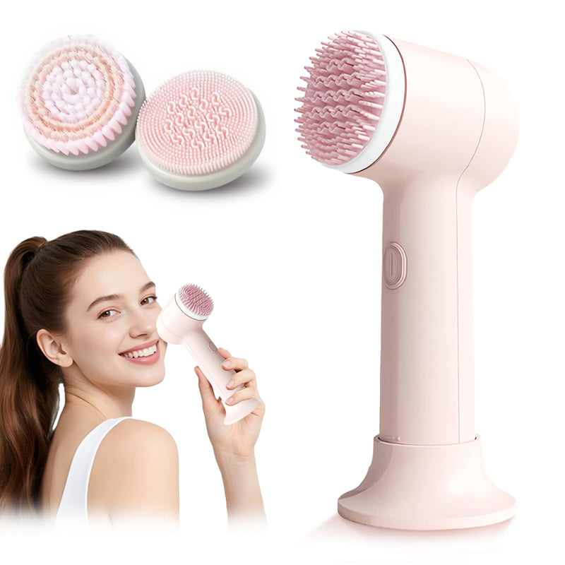 Electrical Facial Cleansing Brush, Multi-Function Face Wash Brush with Base and 2 Brush Heads, Portable Face Scrubber for Deep Skin Cleaning and Gentle Exfoliating (Pink) Pink