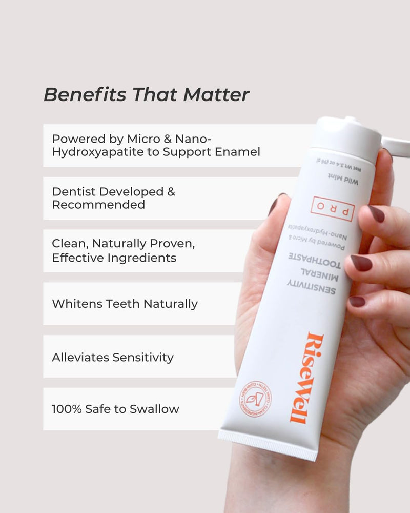 RiseWell PRO Mineral Toothpaste - Micro & Nano Hydroxyapatite Toothpaste with Xylitol for Sensitive Teeth -Safe to Swallow Dental Care, Natural Teeth Whitening for Daily Dental Hygiene (Wild Mint)